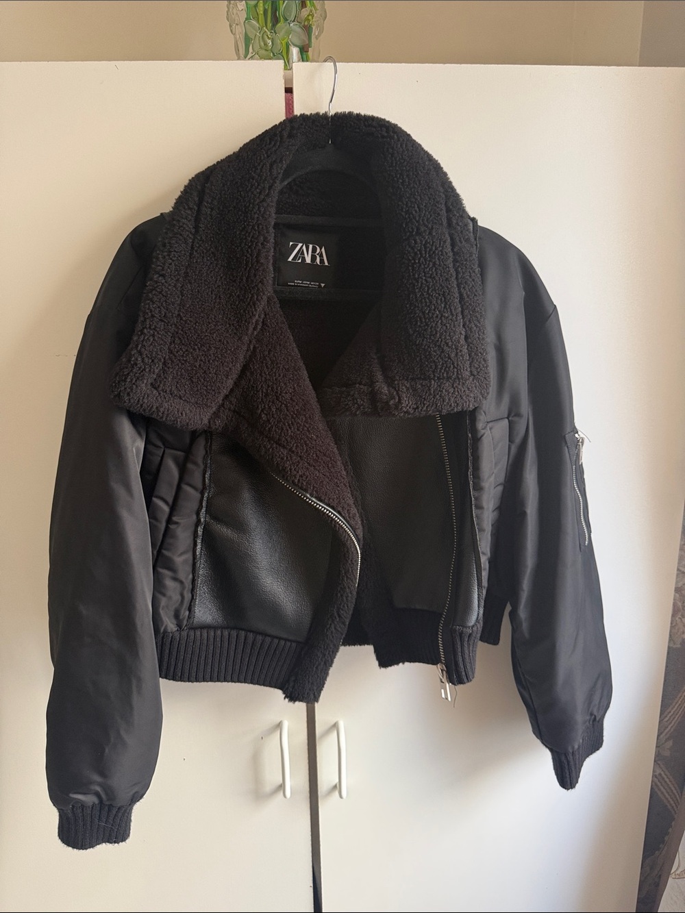 ZARA Black Bomber Jacket with Sherpa Collar